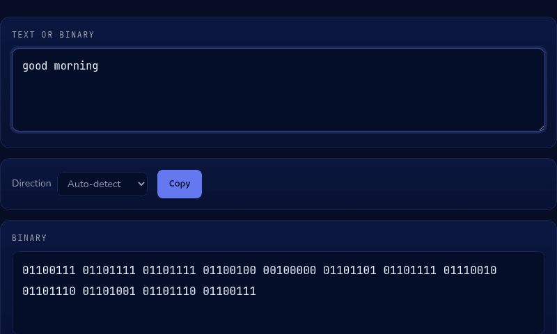 Binary Translator with "good morning" entered, showing the auto-detected 8-bit binary output with a Copy button