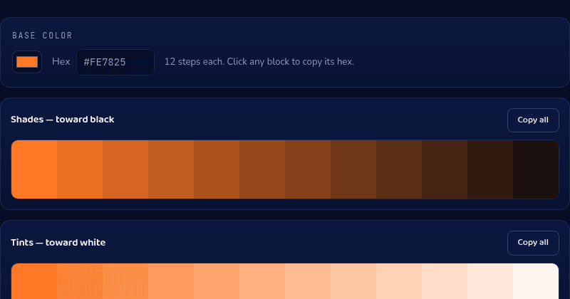 Color Shades tool showing an orange base color with its 12-step Shades-toward-black and Tints-toward-white ramps