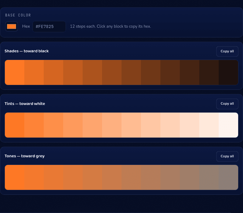 Color Shades tool with an orange base color showing 12-step Shades, Tints, and Tones ramps, each block copyable as hex