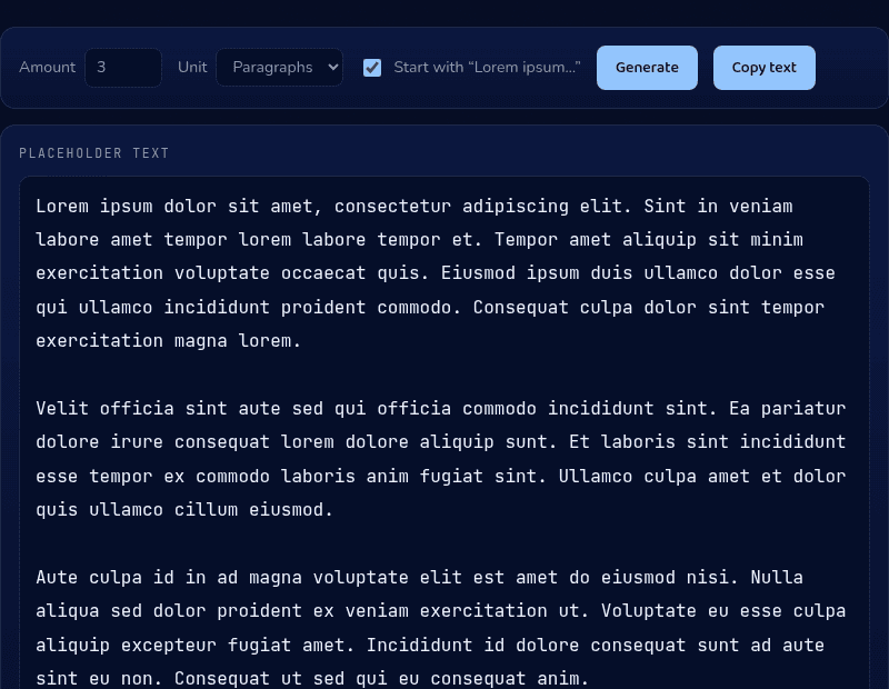 Lorem Ipsum tool showing three generated paragraphs of placeholder text with Amount, Unit, and Generate controls above
