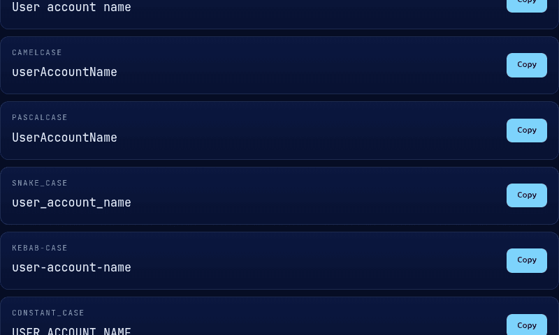 Case Converter tool showing "user account name" converted to camelCase, PascalCase, snake_case, kebab-case, and CONSTANT_CASE simultaneously