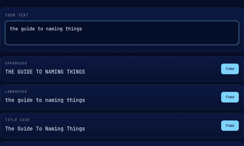 Case Converter tool with "the guide to naming things" entered, showing simple Title Case output that capitalizes every word, including "To"