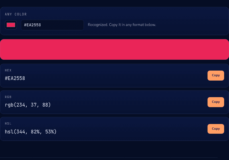 Color Converter tool with a pink-red color entered, showing matching HEX, RGB, and HSL values side by side with Copy buttons
