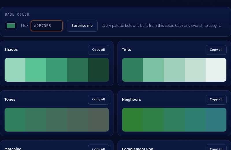 Color Palette tool showing Shades, Tints, Tones, and Neighbors palettes generated from a green base color, each row with a Copy all button