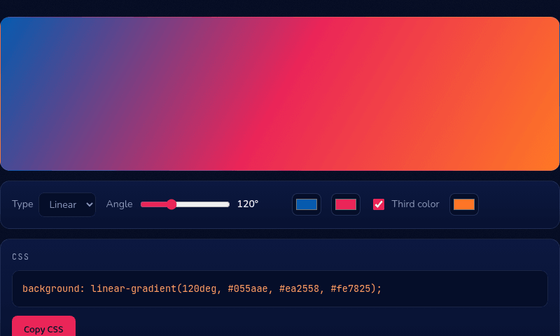 CSS Gradient tool showing a working blue-to-crimson-to-orange linear gradient preview above its generated background CSS code