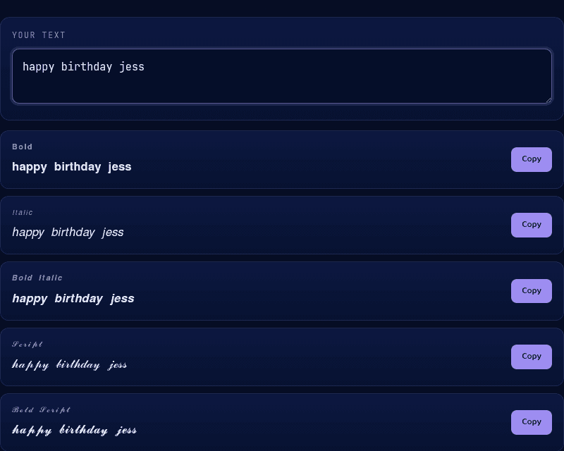 Fancy Text tool with "happy birthday jess" entered, showing bold, italic, and cursive script Unicode variants with Copy buttons