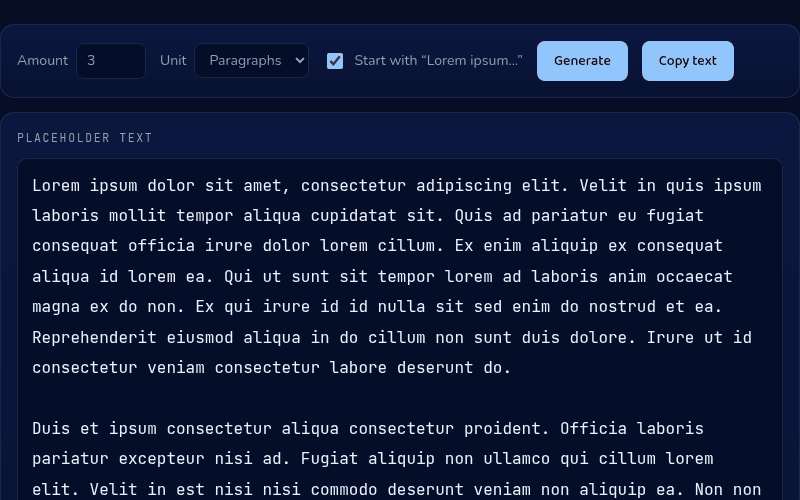 Lorem Ipsum tool generating three paragraphs of placeholder text starting with the classic "Lorem ipsum dolor sit amet" opening