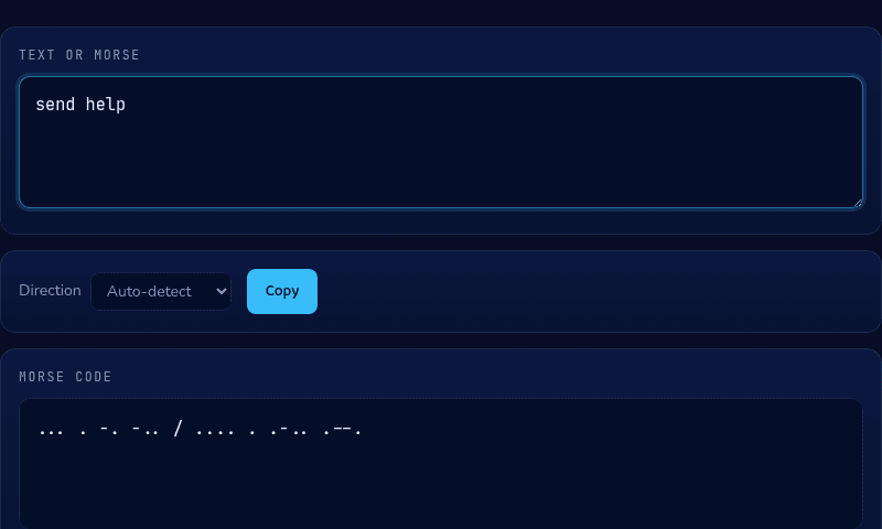 Morse Code translator with "send help" entered, showing the auto-detected encoded output as dots and dashes with a Copy button