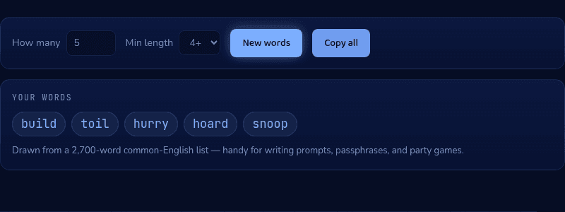 Random Words tool showing five freshly rolled words — build, toil, hurry, hoard, snoop — with New Words and Copy all buttons