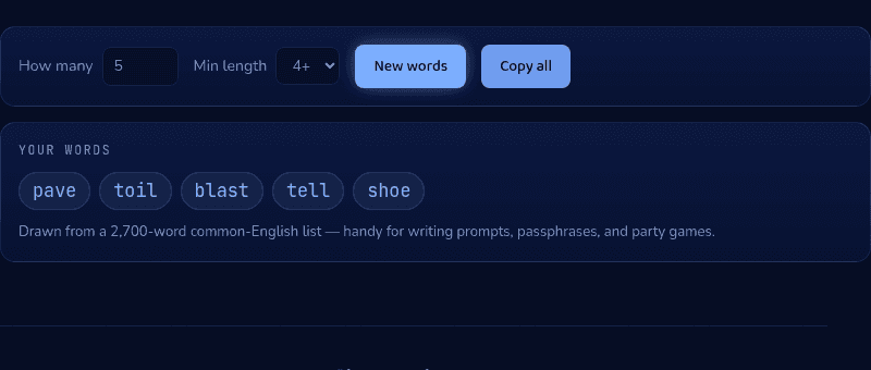 Random Words tool showing five freshly drawn words — "pave", "toil", "blast", "tell", "shoe" — with New Words and Copy all buttons