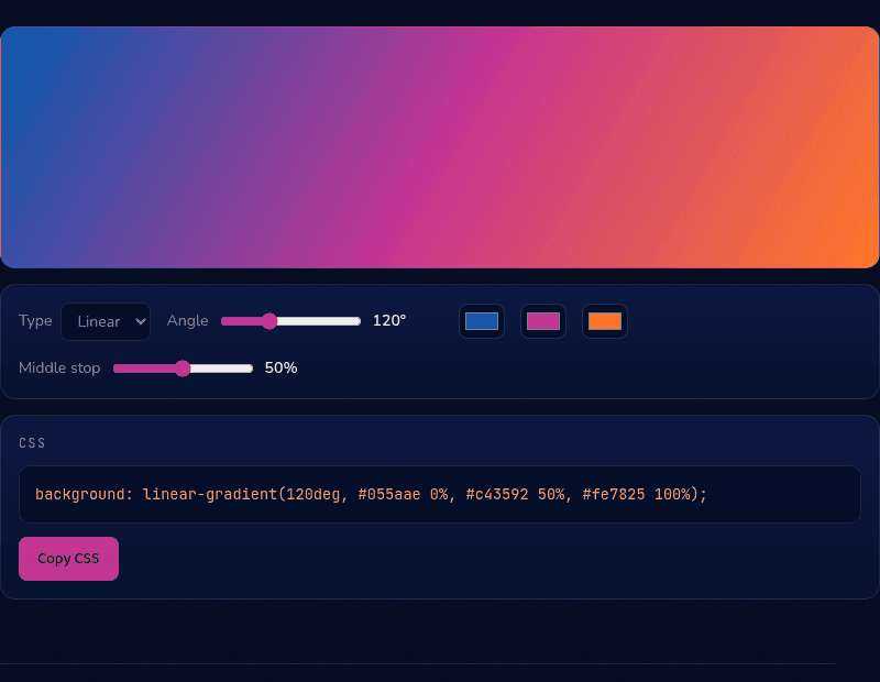 3-Color Gradient tool showing a blue-magenta-orange linear gradient preview with angle and middle-stop sliders and the generated CSS