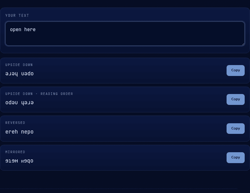 Upside Down Text tool with "open here" entered, showing upside down, reversed, and mirrored output variants side by side