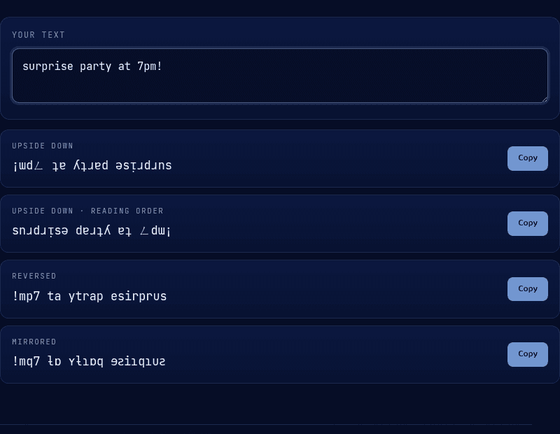 Upside Down Text tool with "surprise party at 7pm!" entered, showing four output variants — upside down, reading-order upside down, reversed, and mirrored — each with a Copy button