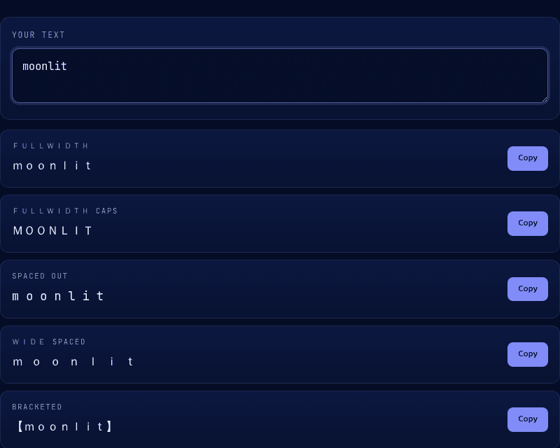 Vaporwave Text tool with "moonlit" entered, showing fullwidth, fullwidth caps, spaced-out, and bracketed style variants